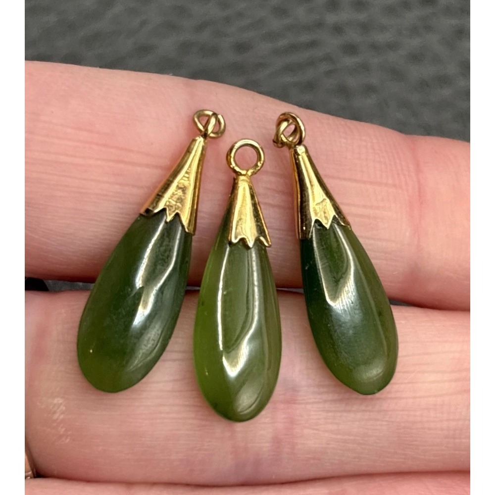 Vintage Gold Filled Green Jade Lot Of 3 Teardrop Pendant Charms Jewelry Making